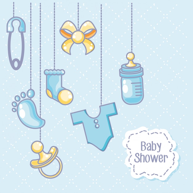 Tarjeta de Baby Shower con objetos para niños colgando