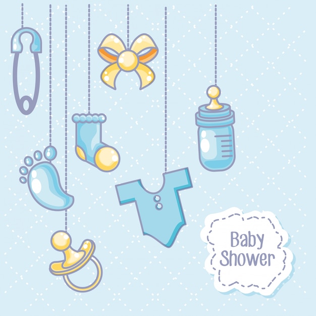 Tarjeta de baby shower con objetos para niños colgando