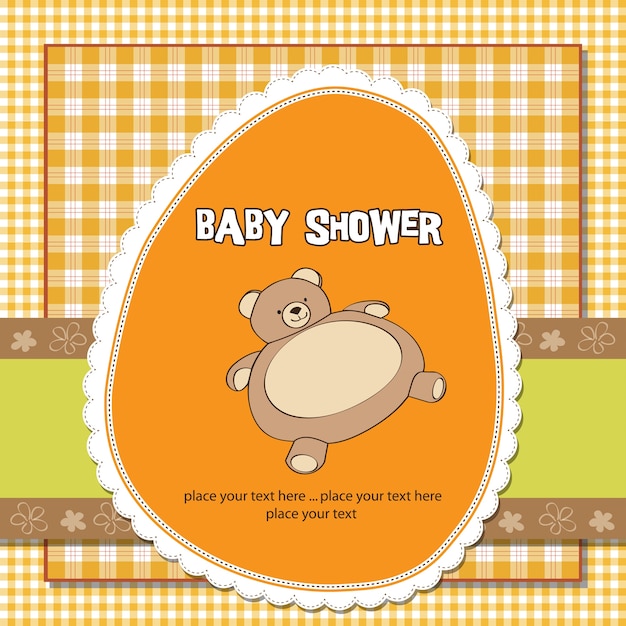 Tarjeta de baby shower con osito de peluche.