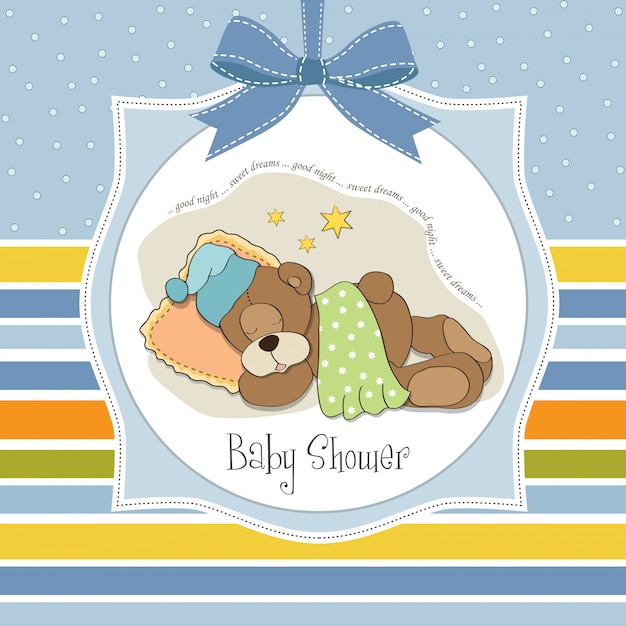 Vector tarjeta de baby shower con oso de peluche para dormir