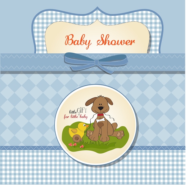 Tarjeta de baby shower con perro y juguete pato.