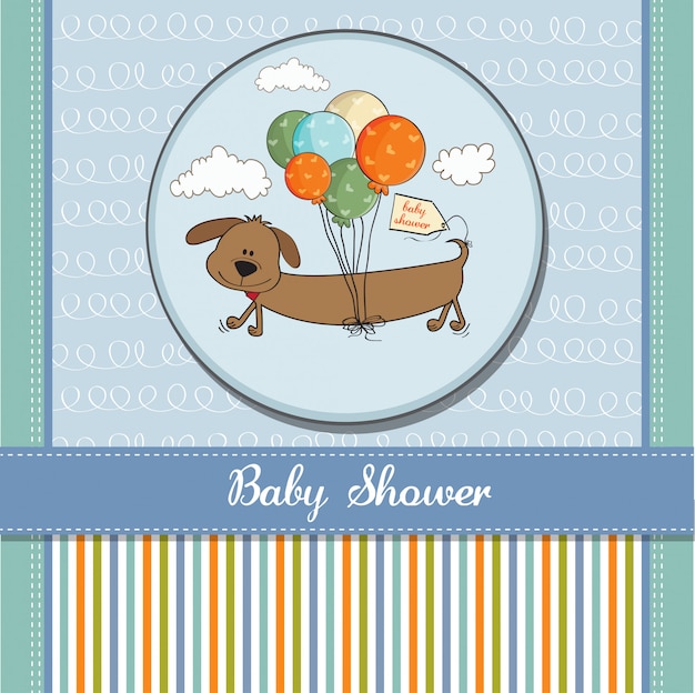 Vector tarjeta de baby shower con perro largo y globos