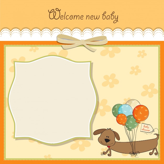 Vector tarjeta de baby shower con perro largo y globos.