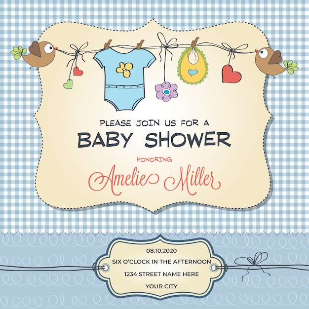 Tarjeta de baby shower con ropa de bebé, personalizable