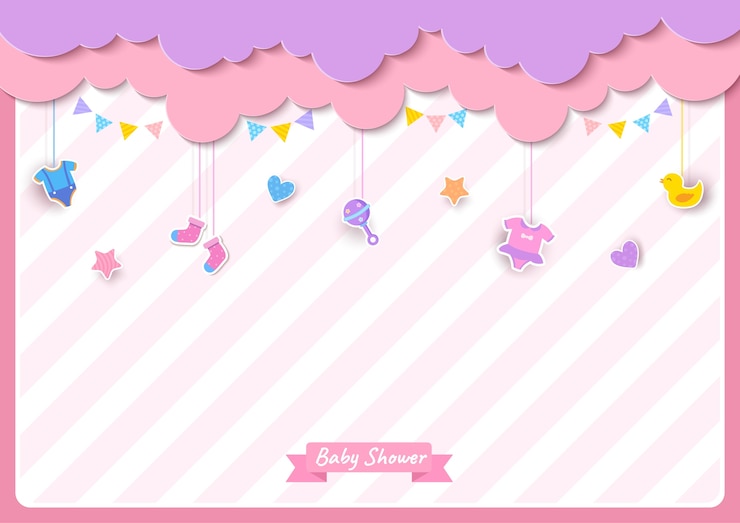 Vector tarjeta de baby shower con ropa y juguetes sobre fondo rosa