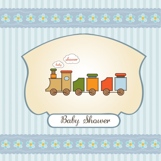 Tarjeta de baby shower con tren de juguete.