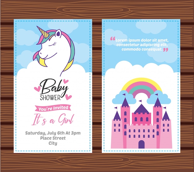 Tarjeta de baby shower con unicornio.