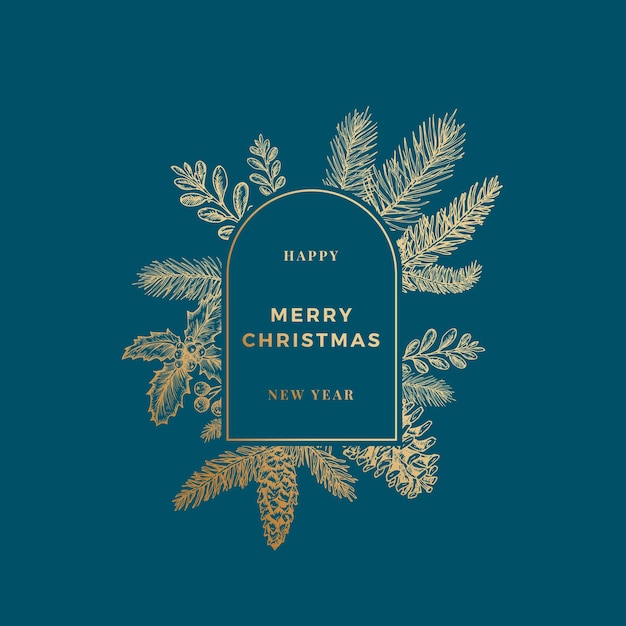 Tarjeta de banner abstracto de feliz Navidad con etiqueta de marco y tipografía moderna. Ramas de pino dibujadas a mano, muérdago, estróbilo y bocetos de acebo. Fondo premium y diseño de boceto de saludo dorado