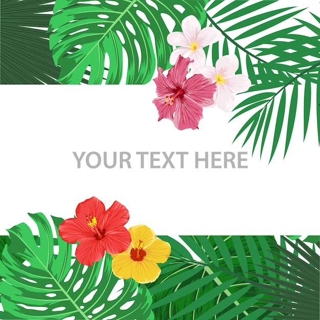 Tarjeta de banner cuadrado vectorial con hojas tropicales y flores fondo tropical ilustración vectorial plana diseño de concepto tropical exótico de verano para invitación anuncio cartel anuncio