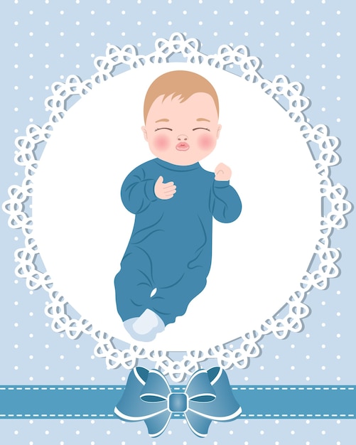 Tarjeta de bebé con lindo bebé y patrón de encaje con lazo. Diseño para recién nacidos. Ilustración, saludo