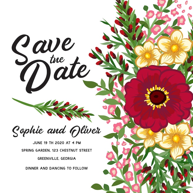 Tarjeta de boda blanca con diseño floral