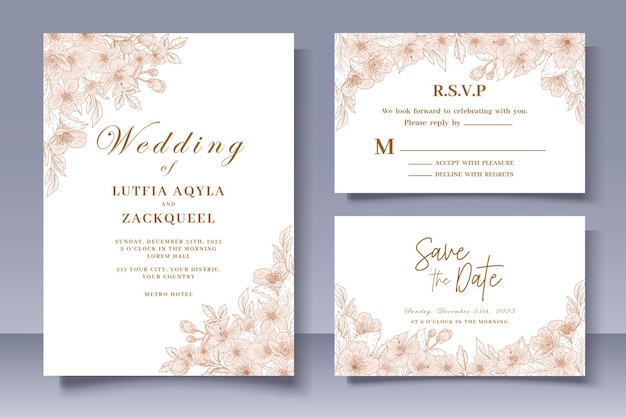 Vector tarjeta de boda elegante con decoración floral dorada