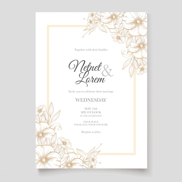 Tarjeta de boda elegante línea de arte con hermosa plantilla floral y hojas