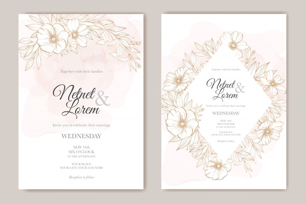 Vector tarjeta de boda elegante línea de arte con hermosa plantilla floral y hojas