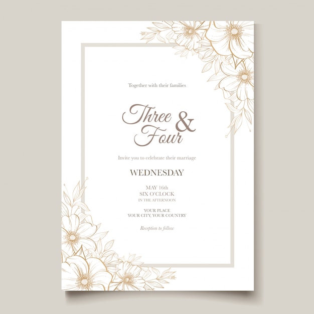 tarjeta de boda elegante línea de arte con hermosa plantilla floral y hojas
