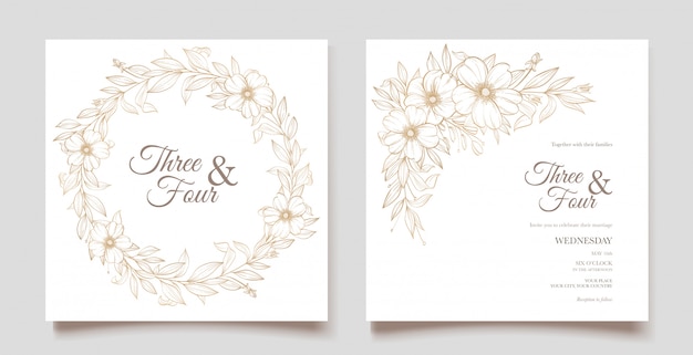 Vector tarjeta de boda elegante línea de arte con hermosa plantilla floral y hojas