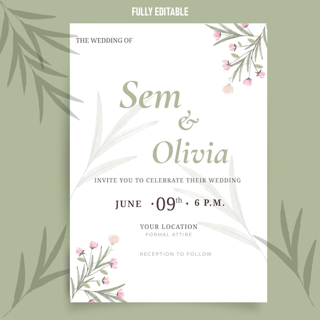 Tarjeta de boda floral color verde oliva fácil de editar fácil de usar