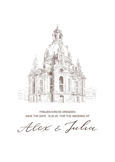 Tarjeta de boda con la iglesia Frauenkirche en Dresde sketch. Plantilla de invitación. fondo de arquitectura. Ilustración dibujada a mano.