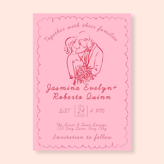 Tarjeta de boda minimalista dibujada a mano delicada y estética artística para papelería personalizada