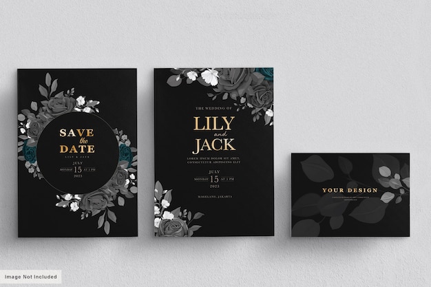 tarjeta de boda negra con floral oscuro