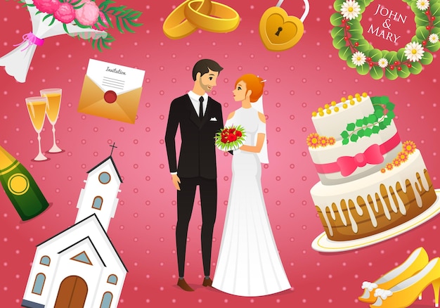 Una tarjeta de boda con una novia y un novio frente a un pastel y un árbol de navidad con un letrero que dice "felices fiestas".