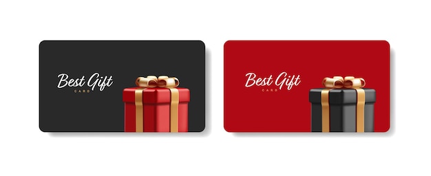 Tarjeta de bonificación de recompensa de regalo del cliente del programa de lealtad con ilustración de caja de regalo de estilo renderizado 3D en colores rojo y negro con plantilla aislada de cinta dorada