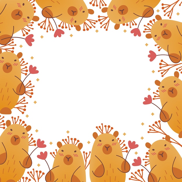 Tarjeta de borde de marco con capibara dibujada a mano con flores y ilustración vectorial de copia de espacio en plano