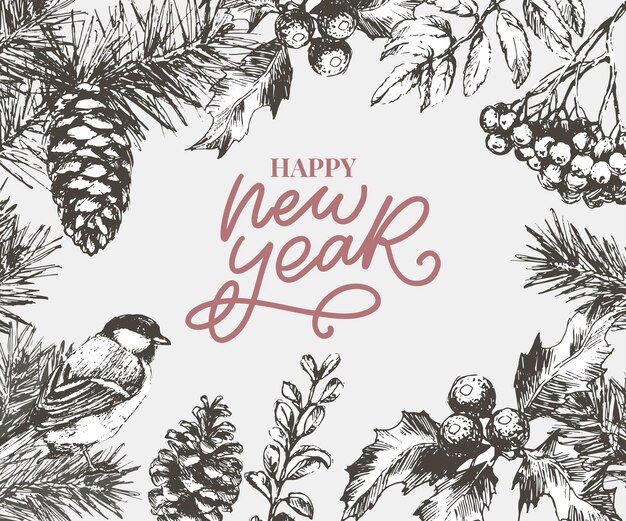 Tarjeta botánica abstracta de feliz año nuevo con banner de marco cuadrado y tipografía moderna Diseño de saludo de colores pastel verde y rosa aislado