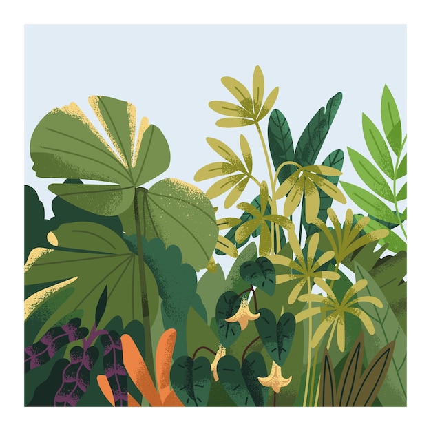 Tarjeta botánica plantas verdes naturales diseño de telón de fondo floral de la selva exótica jardín de hojas tropicales follaje fresco invernadero de vegetación con hojas matorrales de verano ilustración vectorial plana