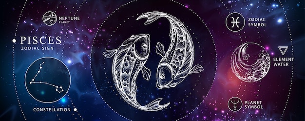 Tarjeta de brujería mágica moderna con astrología signo zodiacal de Piscis