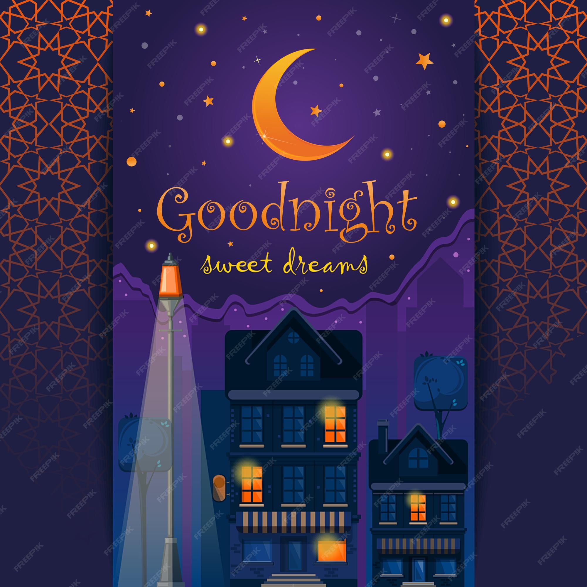 Tarjeta de buenas noches. buenas noches y dulces sueños. pueblo de noche. deseo buenas noches. luces de la calle en la noche. | Vector Premium Tarjeta de buenas noches. buenas noches y dulces sueños. pueblo de noche. deseo buenas noches. luces de la calle en la noche. | Vector Premium