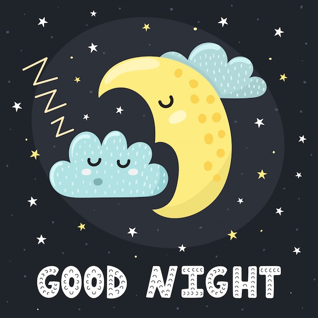 Vector tarjeta de buenas noches con una linda luna dormida y una nube. ilustración