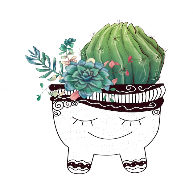 Tarjeta con cactus y conjunto de suculentas.