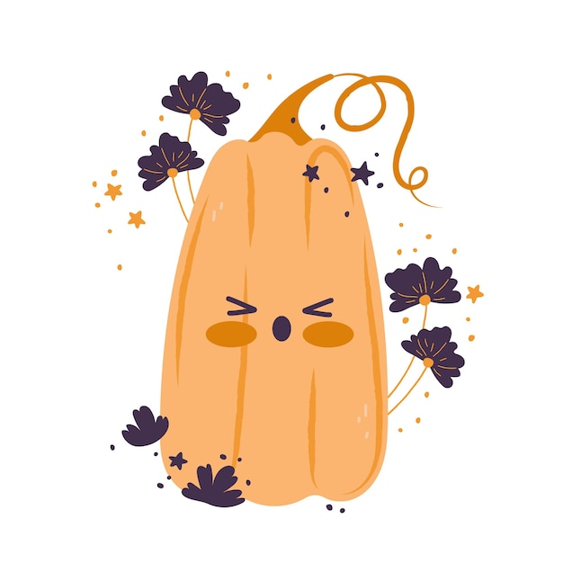 Tarjeta de calabaza con personaje de dibujos animados con hojas y flores composición vectorial aislada de calabaza para la cosecha agrícola de otoño diseños de acción de gracias o halloween