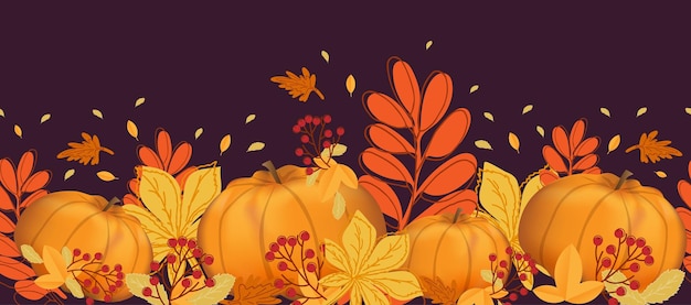 Tarjeta de cartel de borde sin costuras Rama de hojas de otoño con bayas de serbal y calabazas