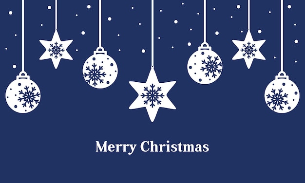 Tarjeta de celebración azul feliz Navidad con bolas colgantes. Ilustración de vector de vacaciones de invierno.