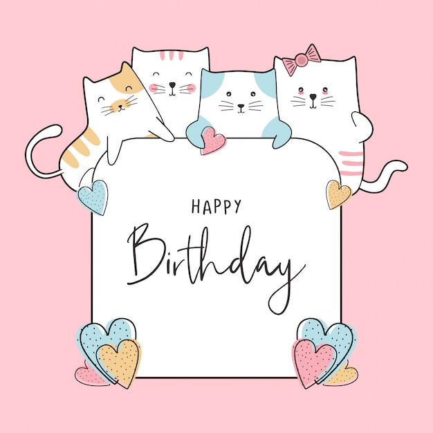 Tarjeta de celebración de cumpleaños con lindos gatos bebé dibujo