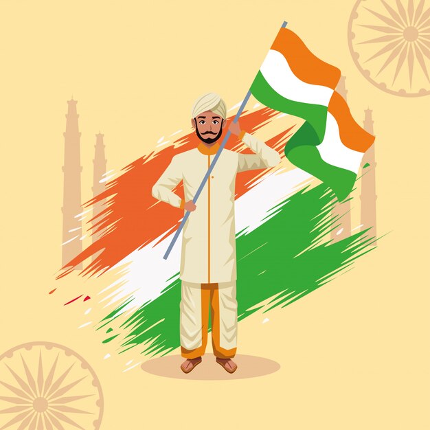 Tarjeta de celebración del día de la independencia feliz de India con hombre y bandera