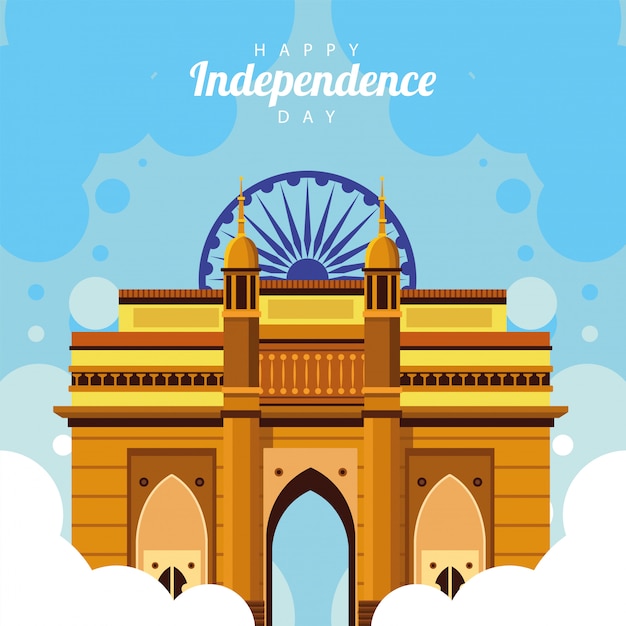 Vector tarjeta de celebración del día de la independencia feliz india con templo de la mezquita