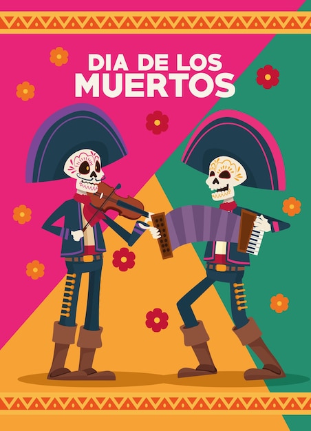 Tarjeta de celebración del dia de los muertos con esqueletos mariachis y flores