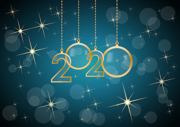 Vector tarjeta de celebración de feliz año nuevo 2020 con saludos festivos, texto colgante dorado, fondo azul