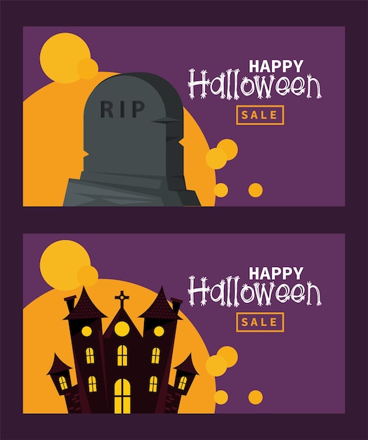 Tarjeta de celebración de feliz halloween con castillo encantado y lápida