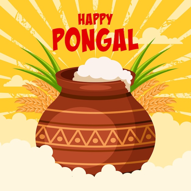 Tarjeta de celebración del festival de la cosecha Happy Pongal con hojas de caña de azúcar de olla de barro tradicional y trigo con fondo de nubes