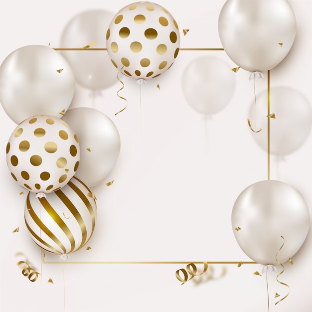 Tarjeta de celebración con globos de helio blanco, confeti volador en blanco