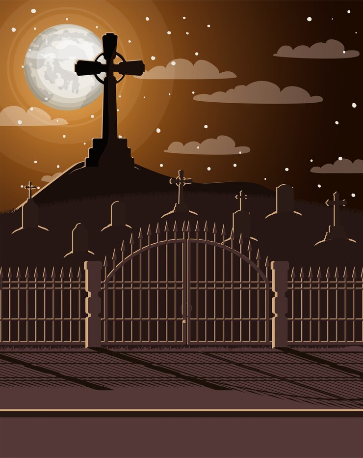 Vector tarjeta de celebración de halloween con escena de cementerio
