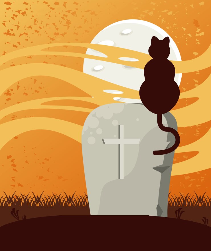 Vector tarjeta de celebración de halloween feliz con escena de tumba y gato.