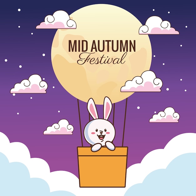 Tarjeta de celebración de mediados de otoño con conejito flotando en globo aerostático