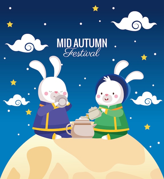 Tarjeta de celebración de mediados de otoño con pareja de conejos en escena de luna llena