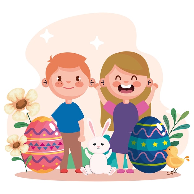 Tarjeta de celebración de Pascua feliz con huevos y diseño de ilustración de pareja de niños pequeños