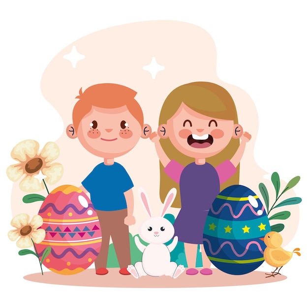 Vector tarjeta de celebración de pascua feliz con huevos y diseño de ilustración de pareja de niños pequeños